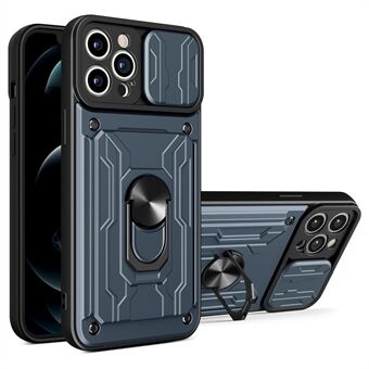 Afneembare kaartsleuf Harde pc + zachte TPU-telefoonhoes Kickstand Hybride hoes met cameraschuifhoes voor iPhone 13 Pro - titaniumgrijs