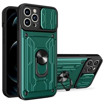 Afneembare kaartsleuf Harde pc + zachte TPU-telefoonhoes Kickstand Hybride hoes met cameraschuifhoes voor iPhone 13 Pro - zwartachtig groen