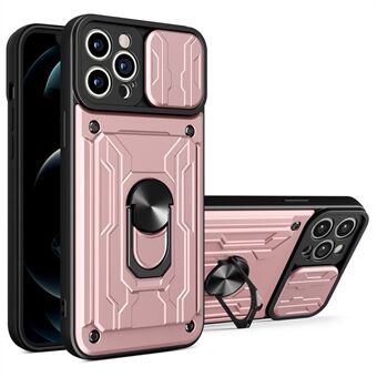 Afneembare kaartsleuf Harde pc + zachte TPU-telefoonhoes Kickstand Hybride hoes met cameraschuifhoes voor iPhone 13 Pro - roségoud