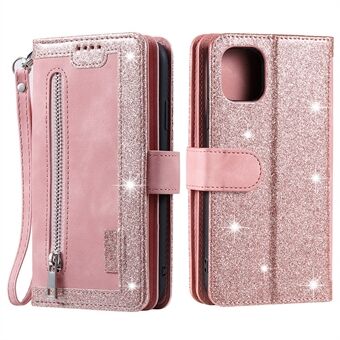 9 kaartsleuven Design lederen portemonnee Stand telefoonhoes Shell met polsband voor iPhone 13 mini - roze