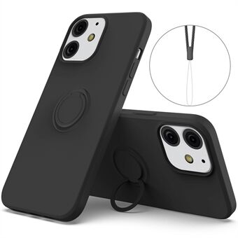 360 ° roterende Ring ontwerp valbestendig milieuvriendelijk vloeibaar siliconen telefoon beschermhoes shell met handige riem voor iPhone 13 mini - zwart