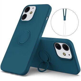 360 ° roterende Ring ontwerp valbestendig milieuvriendelijk vloeibaar siliconen telefoon beschermhoes shell met handige riem voor iPhone 13 mini - marineblauw 