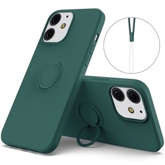 360° roterende Ring ontwerp valbestendig milieuvriendelijk vloeibaar siliconen telefoon beschermhoes shell met handige riem voor iPhone 13 mini - zwart groen