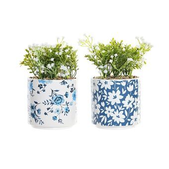 Decoratieve plant DKD Home Decor Vaas Porselein Blauw Wit Groen PE (13.5 x 13.5 x 25 cm) (2 Stuks)