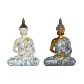 Decoratieve figuren DKD Home Decor Blauw Gouden Boeddha Wit Hars (17,8 x 10,6 x 26,3 cm) (2 Stuks)