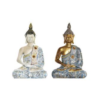 Decoratieve figuren DKD Home Decor Blauw Gouden Boeddha Wit Hars (12,5 x 8,8 x 20,5 cm) (2 Stuks)