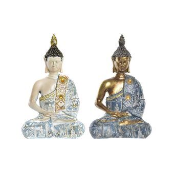 Decoratieve figuren DKD Home Decor Blauw Gouden Boeddha Wit Hars (9,5 x 6,5 x 16 cm) (2 Stuks)