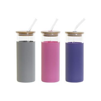 Fles DKD Home Decor Grijs Roze Marineblauw Bamboe Borosilicaatglas (3 stuks) (450 ml)