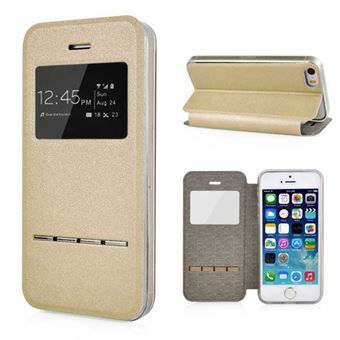 Multifunctionele leren window view case iPhone 5 / iPhone 5S / iPhone SE 2013 - Goud