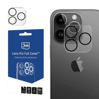 3MK Lens Pro Full Cover iPhone 15 Pro/15 Pro Max is een hybride glazen lensafdekking met een montuurbevestiging.