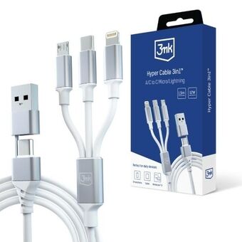 3MK Hyper Cable 3-in-1 USB-A/USB-C - USB-C/Micro/Lightning 1.5m Witte Kabel