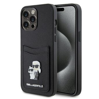 Karl Lagerfeld KLHCP15XSAPKCNPK iPhone 15 Pro Max 6.7" zwart hardcase Saffiano met kaartsleuf KC Metal Pin.