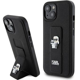 Karl Lagerfeld KLHCP15SGSAKCPK iPhone 15 6.1" zwarte hardcase Gripstand Saffiano Karl&Choupette Pins