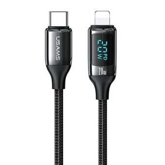 USAMS U78 USB-C naar Lightning LED 1,2 m 20W PD snelladende gevlochten kabel Zwart/zwart SJ545USB01 (US-SJ545)