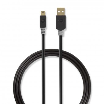 USB-kabel | USB 2.0 | USB-A-stekker | USB Mini-B 5-polig stekker | 480 Mbps | Verguld | 2.00 meter | Ronde | Pvc | Antraciet | Raamkozijn