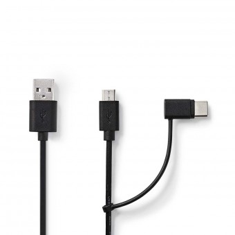 2 in 1 kabel | USB 2.0 | USB-A-stekker | USB Micro-B mannelijk / USB-C™ mannelijk | 480 Mbps | 1.00 meter | Vernikkeld | Ronde | Pvc | Zwart | Blaren