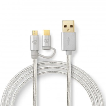 2 in 1 kabel | USB 2.0 | USB-A-stekker | USB Micro-B mannelijk / USB-C™ mannelijk | 480 Mbps | 1.00 meter | Verguld | Ronde | Gevlochten | Aluminium | Bedek vensterdoos