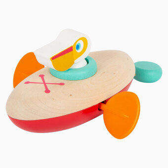 Voetbadspeeltje houten kano pelikaan opwindbaar
