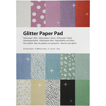 Glitter Papierblok A4 150gr, 30 vellen