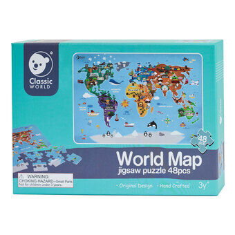 Klassieke wereldkaart in houten puzzel, 48 stukjes.