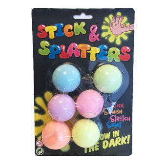 Sticky stretch globbles ballen glow in the dark, 6 stuks