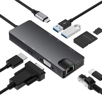 8 in 1 USB-C hub Type C naar RJ45 / PD 100W laadpoort / HD / kaartlezer / 3,5 mm audio-aansluiting / VGA / 2x USB 3.0-poort dockingstation