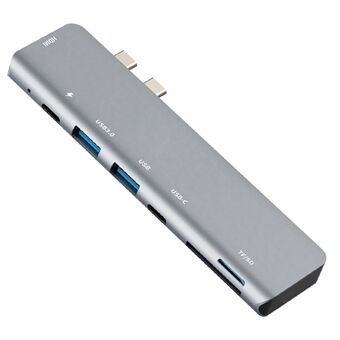 7 in 1 draagbare aluminiumlegering Dual Type-C hub naar USB 3.0 + USB C + USB + SD / TF-kaartlezer Multiport-adapterdongle voor MacBook