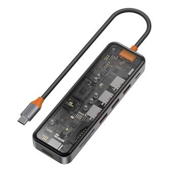 WIWU CB007 7-in-1 Type-C Hub Multi-Port Docking Station USB-C naar HD 4K, PD 100W, USB3.0, TF Card Reader Adapter Metaal Gehard Glas Transparant Converter
