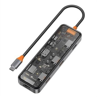 WIWU CB008 Metaal Gehard Glas Transparant Type-C Hub Adapter 8-in-1 Multi-Port USB-C Docking Station Converter Ondersteuning HD 4K, PD 100W, Gigabit, TF-kaartlezer