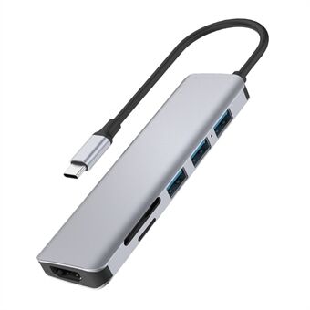 WIWU A731HC USB-C hub 7-in-1 adapter naar 3xUSB 3.0 + HD-video-uitgang + 2 kaartlezersleuven + 100W PD opladen