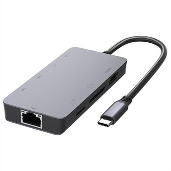 4081-0311 Mini Type-C Hub Adapter 8-in-1 USB3.1 Extender Docking Station USB-C voor 4K HD / Gigabit Ethernet / 3 USB / PD100W / 3.0 Geheugen / TF Card Ondersteuning 5 Gbps datatransmissie