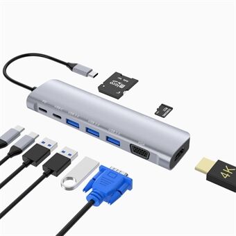 YSTC9048 9 in 1 Multi-port USB C Hub Draagbare High-speed Data Sync Converter USB C naar USB3.0 TF SD Adapter Ondersteuning HDMI VGA