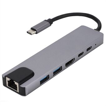6-in-1 Type-C Hub Multifunctioneel Docking Station 4K UHD USB-C Adapter naar USB 2.0, 87W Type-C, 100Mbps Ethernet