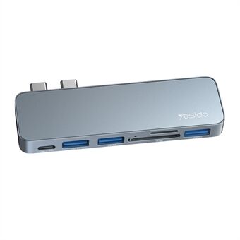YESIDO HB10 Dual Type-C Hub Splitter 6-in-1 USB3.0 TF / Geheugenkaartlezer PD Adapter Notebook Docking Station