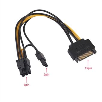 SATA-voedingskabel van 20 cm Enkele 15-pins SATA naar 8-pins (6 + 2) PCI-E-adapterkabel
