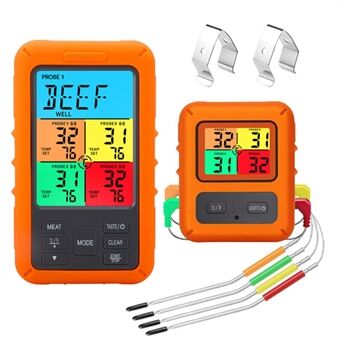 TS-TP40-X Vier sondes Draadloze temperatuurtelling van de grill Display Kleurenscherm Voedselthermometer met timer / countdown-functie voor bakken (met FDA, BPA-vrij)