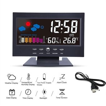 Multifunctionele wekker LCD-scherm met achtergrondverlichting Digitale klok met weergave van tijd / datum / week / temperatuur / vochtigheid / weer