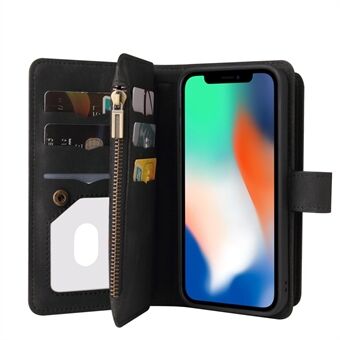 Skin-touch Feel Mobiele telefoon lederen hoes Multi-kaartsleuven Stand Wallet Case met ritsvak en koord voor iPhone X / XS