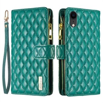 BINFEN KLEUR BF Style-15 Zipper Pocket Case voor iPhone XR 6.1 inch, PU Lederen Stand Portemonnee Matte Rhombus Bedrukt Telefoon Cover