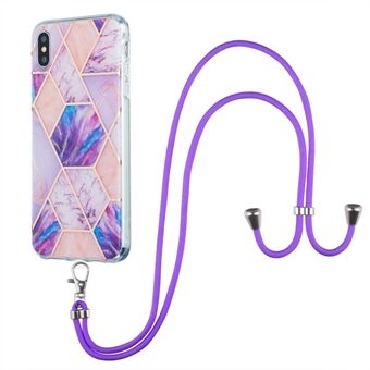 Flexible Electroplating TPU Phone Cover + Lanyard 2.0mm IMD Splicing Marble Pattern Non-Yellowing Case for iPhone XS Max 6.5 inch