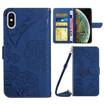 For iPhone XS Max 6.5 inch Skin-touch Leather Cover Imprinting Butterflies Flower Pattern Wallet Stand Phone Case with Shoulder Strap