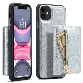 DG.MING M3-serie voor iPhone 11 6,1 inch ritsvak magnetisch afneembaar 2-in-1 telefoonhoes glitter PU-leer gecoat pc + TPU standaard portemonnee-hoes