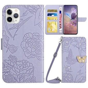 Skin-touch strass decor telefoonhoesje voor iPhone 11 Pro 5,8 inch, vlinderbloemen bedrukt lederen Stand portemonneehoes met schouderriem