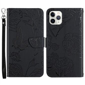 For iPhone 11 Pro Max 6.5 inch Butterfly Flower Imprinted Leather Case Skin-touch Wallet Stand Cover with Hand Strap