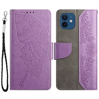 Imprinting Butterfly Flower Phone Cover for iPhone 12 mini 5.4 inch, PU Leather + TPU Wallet Stand Case