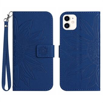 Voor iPhone 12 mini 5.4 inch HT04 Bedrukte Zonnebloem Telefoon Shockproof Case Skin-Touch PU Lederen Opvouwbare Stand Wallet Cover met Handriem