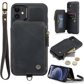 CASEME C20-serie voor iPhone 12 mini 5,4 inch PU-leer gecoat TPU-tasje met ritssluiting RFID-blokkerende portemonnee standaard beschermende telefoonhoes met riem