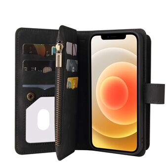 Stand Wallet Leren Flip Shell Skin-touch Feel telefoonhoesje met meerdere kaartsleuven en ritsvak voor iPhone 12/12 Pro 6,1 inch