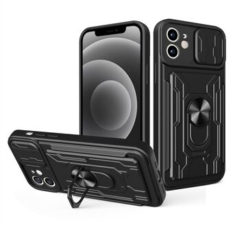 Ring Kickstand Design PC + TPU telefoonhoesje met cameraschuifdeksel en verwijderbare kaarthouder voor iPhone 12 6.1 inch