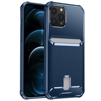 Voor iPhone 12/12 Pro 6.1 inch Schokbestendige anti-val zachte TPU koolstofvezel getextureerde kaartsleuf ontwerp Beschermende telefoon cover cover - blauw